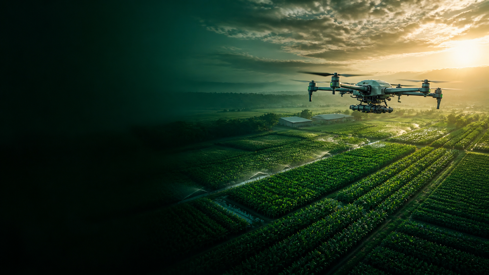 Agricultural mapping drone above irrigated crop fields